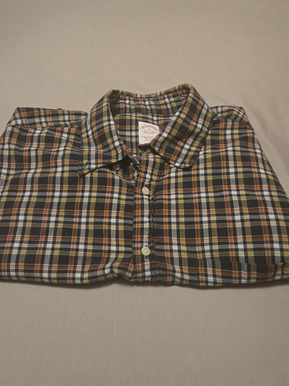 Brooks Brothers Shirt Short Sleeve Button Down Mens XL Plaid 1818  Orange Brown